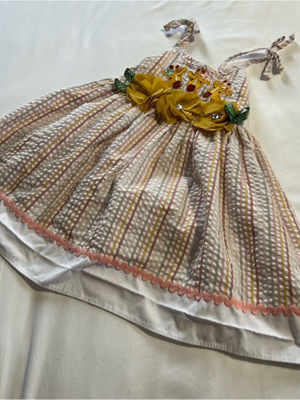 Good‎ Lad Striped Toddler Dress giraffe yellow flower appliqué squiggle ribbon